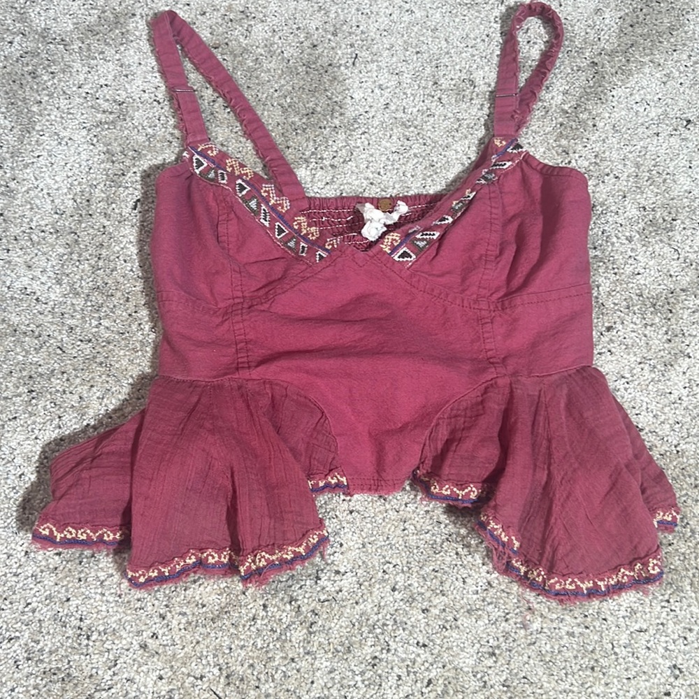 Free People Burgundy Embroidered Peplum Crop Top